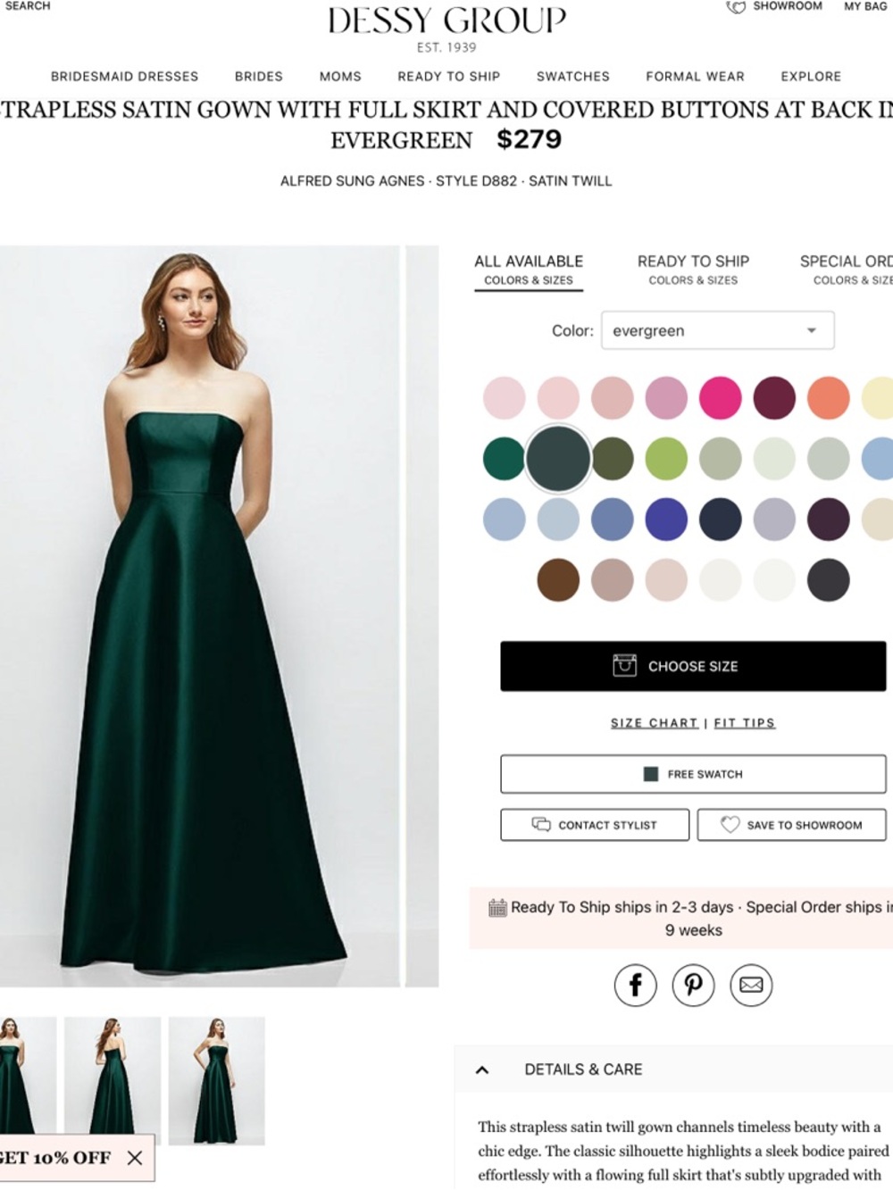 Dessy Group Evergreen Strapless Satin Gown